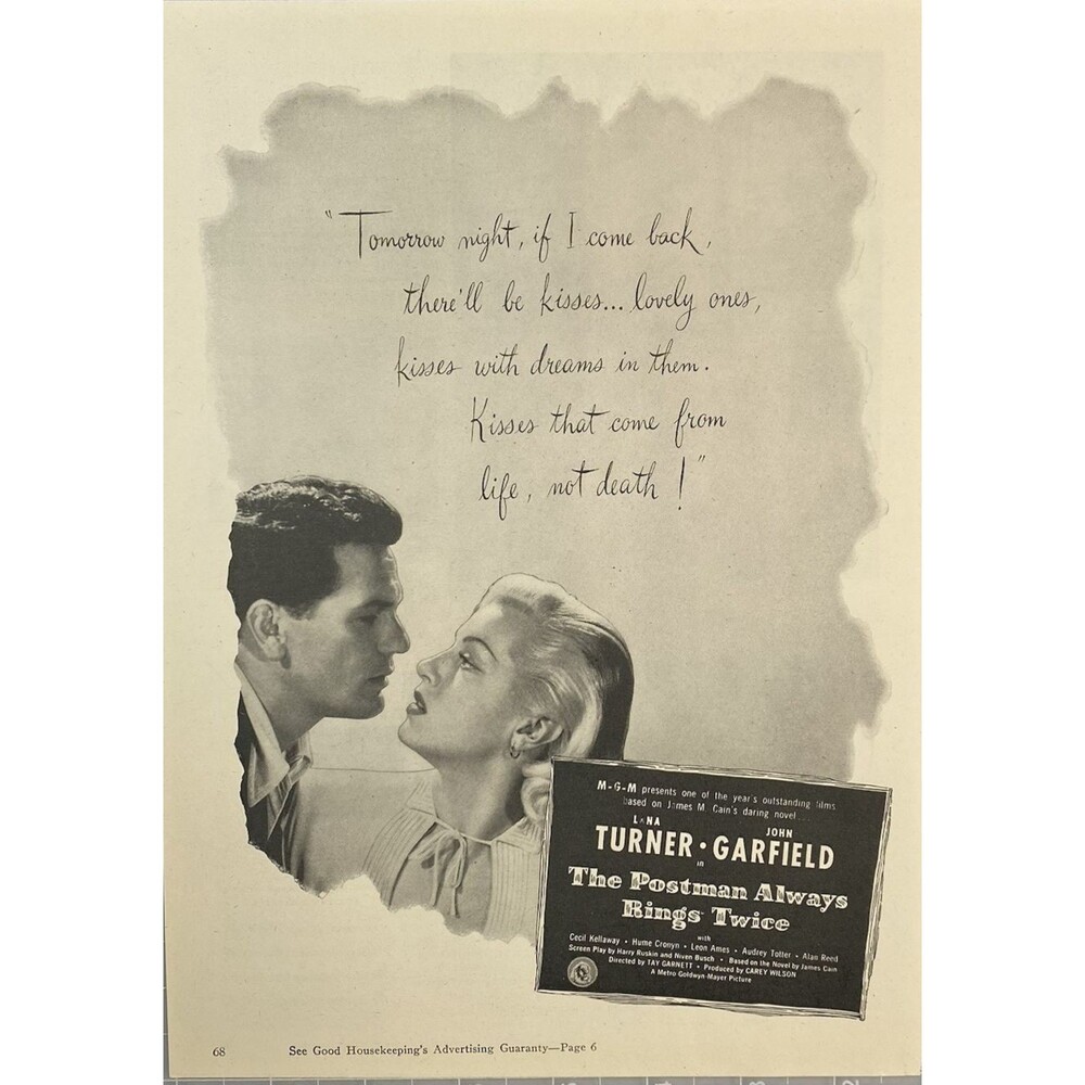 MGM "The Postman Always Rings Twice" Lana Turner & John Garfield Print Ad 1946